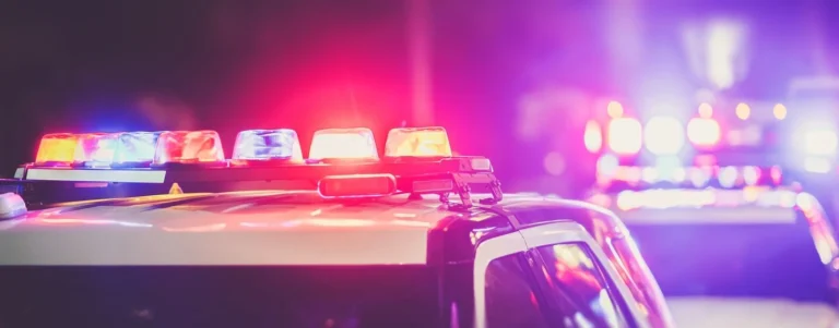 Police DUI Nigh Time Checkpoint. Police Cruiser Lights Closeup Photo.